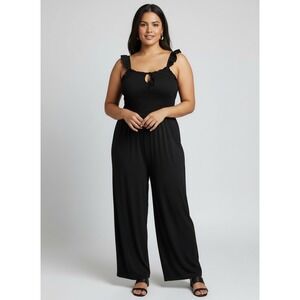 Lavender Moon Black Smocked Wide Leg Jumpsuit Ruffle Straps Keyhole Tie Size L